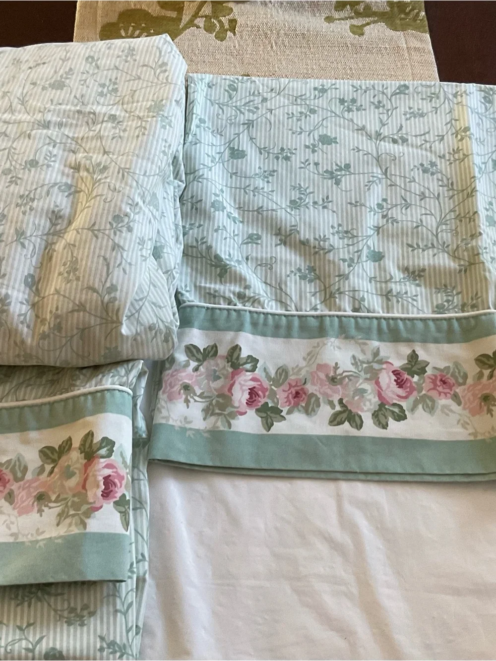 Laura Ashley Cottage Rose Floral W/Green Stripes Twin Sheet Set 3PCS-Vintage